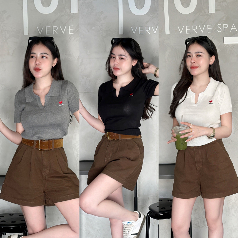เสื้อคอปก ทรงโปโล ผ้าไหมพรมยืดเยอะมาก เนื้อผ้ายืดตามตัว ปักลายหัวใจน่ารัก สาวอวบใส่ได้ พร้อมส่ง รุ่น เบบี๋