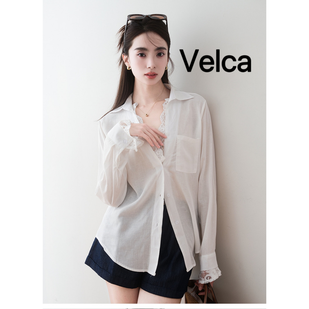 Velca เสื้อเบลาส์ผู้หญิง มีกระเป๋า ทรงอสมมาตร สีพื้น สไตล์ลำลอง ลูกไม้ เสื้อเชิ้ตแขนยาวทรงหลวม เสื้อคลุม