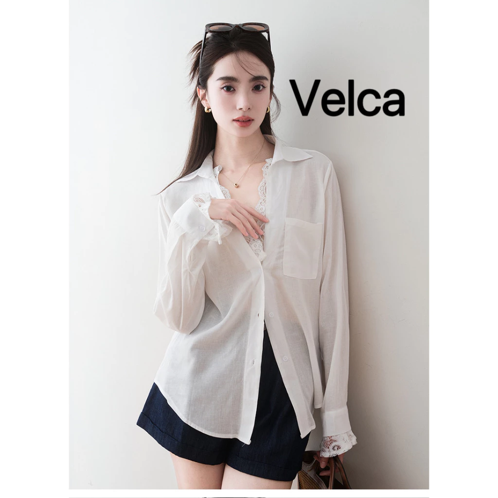 Velca เสื้อเบลาส์ผู้หญิง มีกระเป๋า ทรงอสมมาตร สีพื้น สไตล์ลำลอง ลูกไม้ เสื้อเชิ้ตแขนยาวทรงหลวม เสื้อคลุม