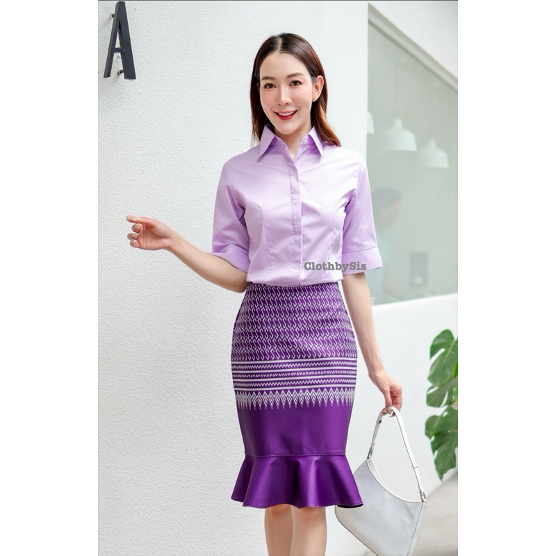 👗กระโปรงหางปลา ลายไทย เอวสูง ผ้าญี่ปุ่นหนานุ่มยืดใส่สบาย ทรงสวย ยาว 22 นิ้ว