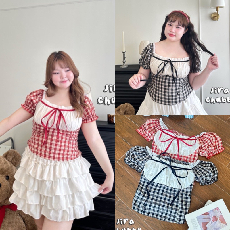 JR เสื้อสก็อตแขนตุ๊กตา polka dot 🌤️ ตรงช่วงอกแต่งด้วยโบว์น่ารักสุดๆ ไซส์ใหญ่ สาวอวบ