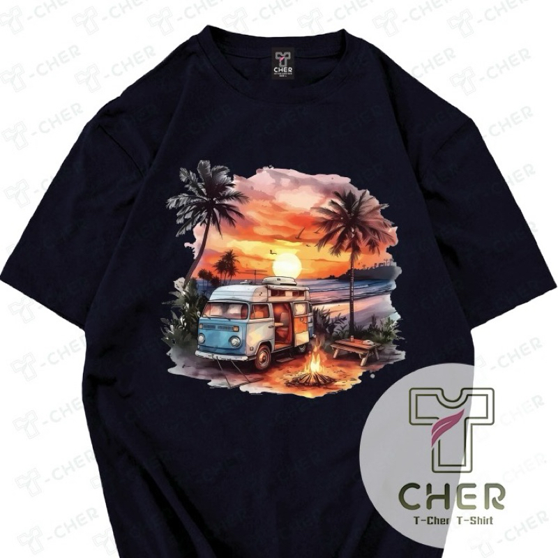 เสื้อยืดสกรีนลาย รถตู้เก่ากับวิวทะเลสุดเทห์  มีหลายสีให้เลือก เนื้อผ้าcotton100%ใสสบายใส่ได้ทั้งหญิงและชาย