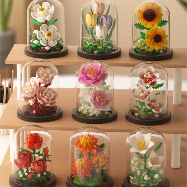 ตัวต่อดอกไม้ ไม่มีไฟ ตัวต่อ DIY บล็อกตัวต่อ ดอกทานตะวัน ดอกคาร์เนชั่น พร้อมฝาครอบ