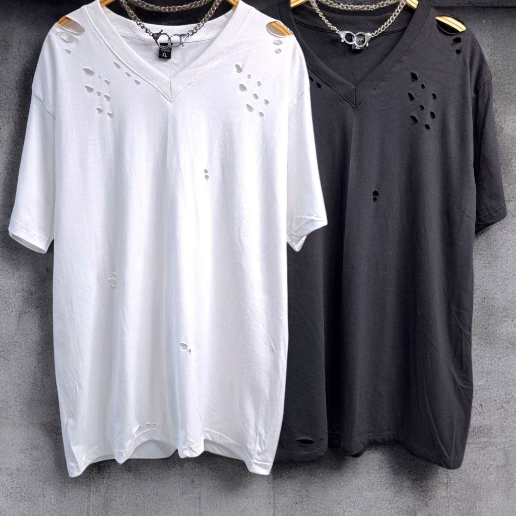 เสื้อยืดคอวีแต่งขาด สีพื้น ผ้าคอตตอน100% ผ้านิ่ม ใส่สบาย
