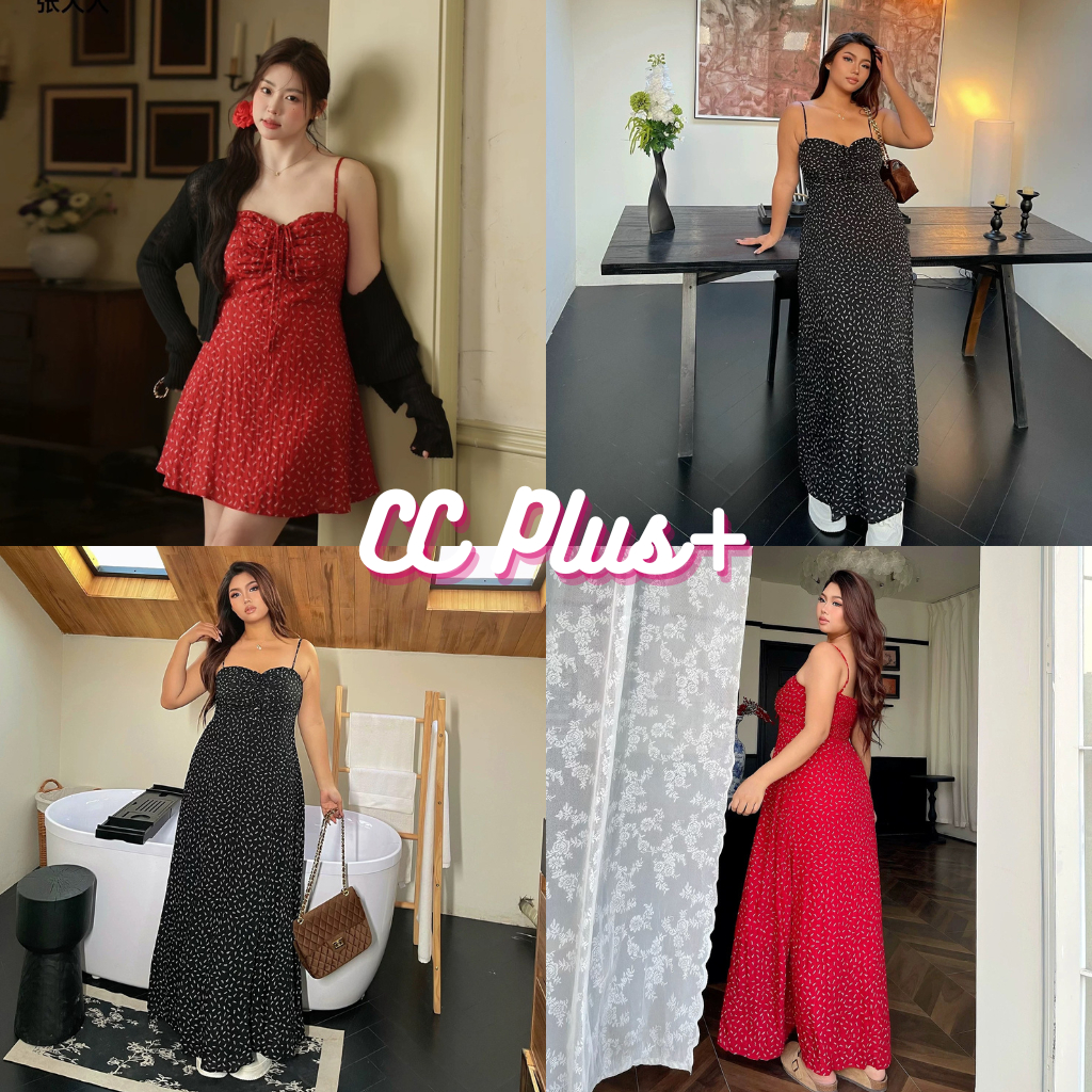 CiCi Plus+(3365/3366)เดรสยาว/สั้นสายเดี่ยวลายดอกไม้ ซิปหลัง เชือกผูกด้านหน้า มีซับในครึ่งตัว สายปรับได้ สไตล์สาวพลัสไซส์