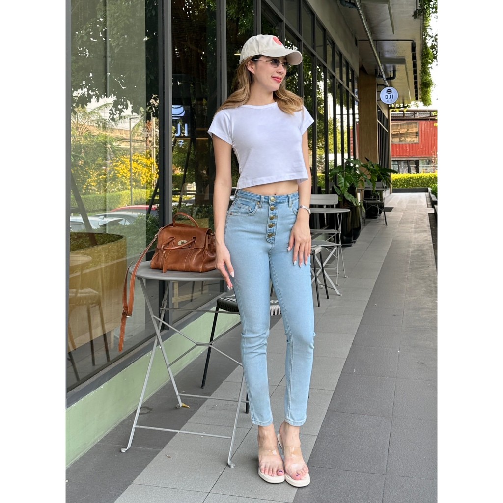 MOTTOM - LONDON กางเกงเอวสูง กระดุม 6 เม็ด ทรงสกินนี่ ปลายขากระบอก