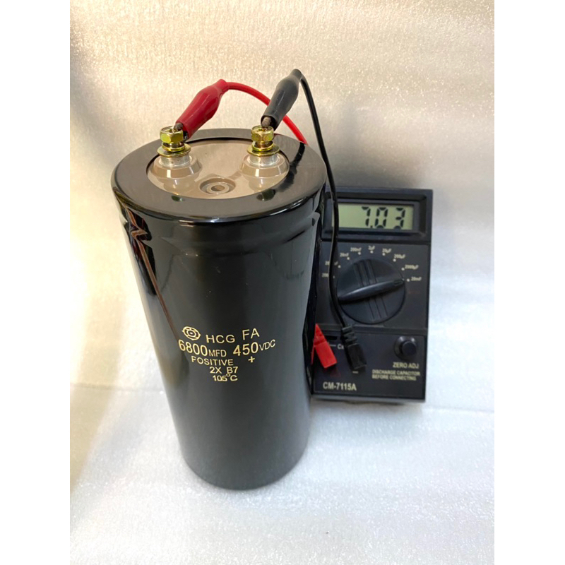 C 6800UF 450V SURGE 500VDC size 7.5x17CM C 6800UF 450VDC คาปาซิเตอร์Hitachiของแท้ใหม่แกะกล่อง ค่าบวก