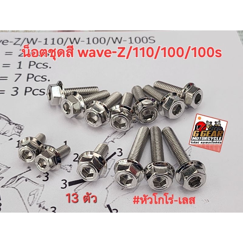 น็อตชุดสี เวฟ100/110/100s/wave-Z รุ่นเก่า(คาบู)  หัวโกโร่ สแตนเลส งานเฮงสกรู แท้ 1000%