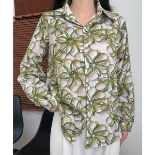 【ส่งจากไทย】เสื้อเชิ้ตผู้หญิงพิมพ์ลายเสื้อเชิ้ตแขนยาวคอปกpoloเสื้อย้อนยุคแฟชั่นผ้าไหมอิตาลี เนื้อผ้าดีทรงหลวม ใส่สบาย