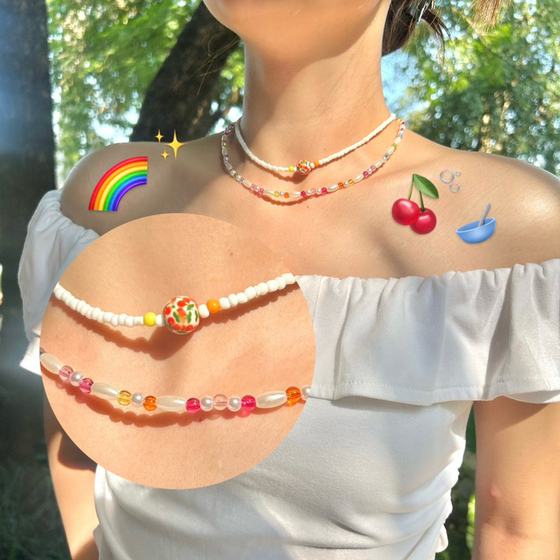 Piing me Necklace | สร้อยคอลูกปัดเชอรี่ / สร้อยคอไข่มุกสลับลูกปัดสายรุ้ง