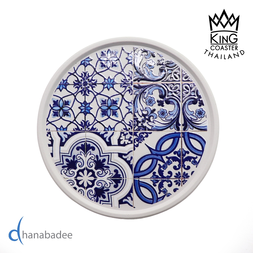 จานรองแก้วดูดน้ำ ทรงกลมมีขอบ R10051 BLUE & WHITE 09 ที่รองแก้วซับน้ำ King Coaster  ธนบดีเซรามิค ceramic coaster ของฝาก