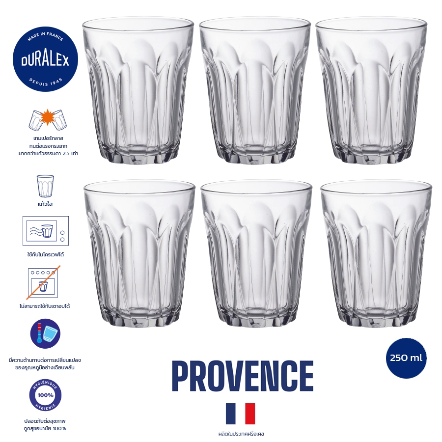 แก้วน้ำ กาแฟ ชา Duralex Provence 250 ml เซต 6 ใบ tempered glass