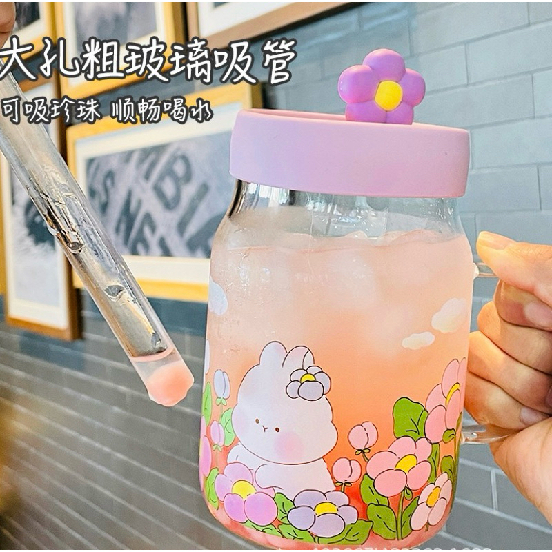 แก้วน้ำ แก้วใสมีหูจับใบใหญ่ ลายดอกไม้และน้องหมี 🐻 แก้วกาแฟ แถมหลอด‼️ - รูปที่ 2