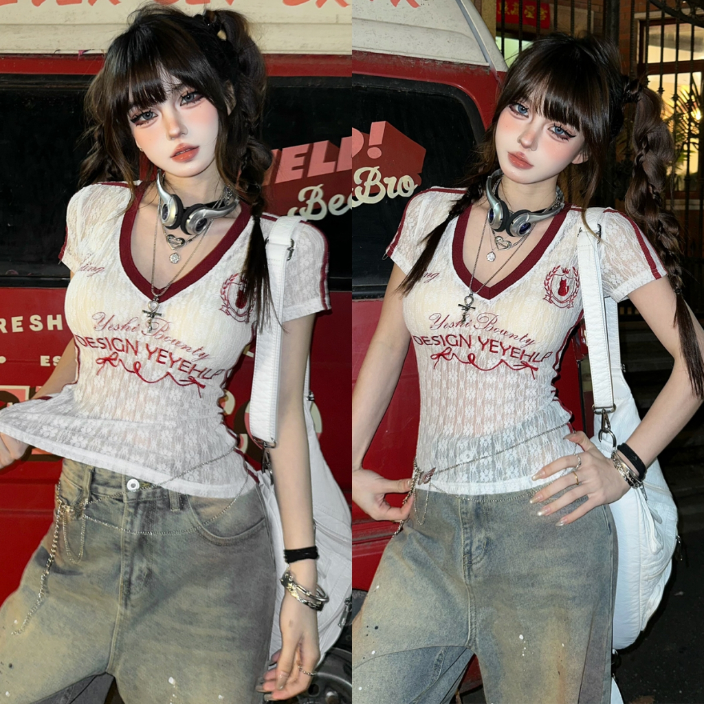 เสื้อยืดเเขนสั้น เสื้อยืดลูกไม้เซ็กซี่ ผ้าเบาบาง ผ้าโปร่งใส ยืดเยอะ โชว์หุ่นต้องมี #2315