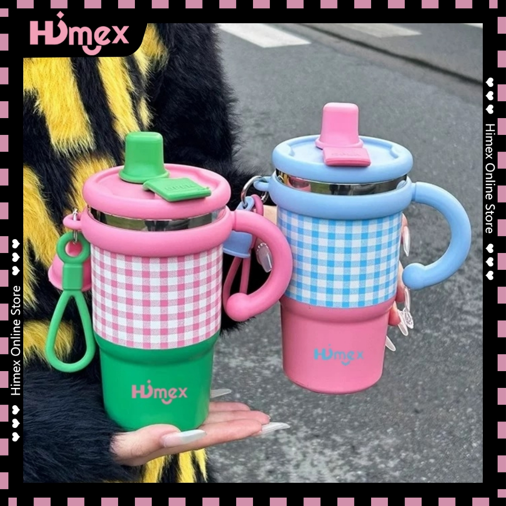 Himex แบบใหม่มีที่จับ แก้วกาแฟ แก้วเก็บความเย็น 600ml กระติกน้ําร้อน พร้อมหลอด ลายสก็อต