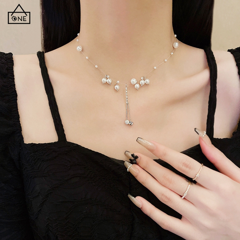 COD❤️สร้อยคอพู่มุกหรูหราวินเทจสไตล์เกาหลีแฟชั่นโซ่ไหปลาร้าระดับไฮเอนด์เครื่องประดับผู้หญิง-a.one