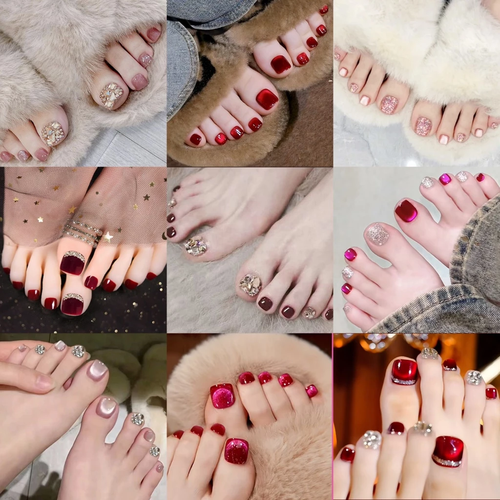 Luxnail FN47 เล็บเท้าปลอมสำเร็จรูปสีลูกแก้วขนาดฟรีไซส์มี 24 ชิ้น เล็บเท้าเจลสำเร็จรูป เล็บเท้าปลอมโทนสีชมพูแดง