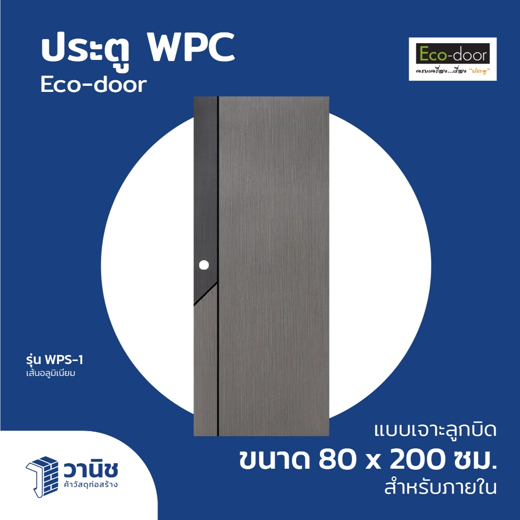 ประตู WPC Eco-door รุ่น WPS-1 ขนาด 80 x 200 ซม. แบบเจาะลูกบิด ป้องกันเสียงรบกวน กันน้ำ กันปลวก ไม่ลามไฟ สำหรับภายใน