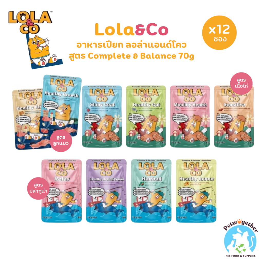Lola&Co อาหารเปียกแมว โลล่าแอนด์โค เกรนฟรี ไม่เติมเกลือ ขนาด 80g x 12ซอง