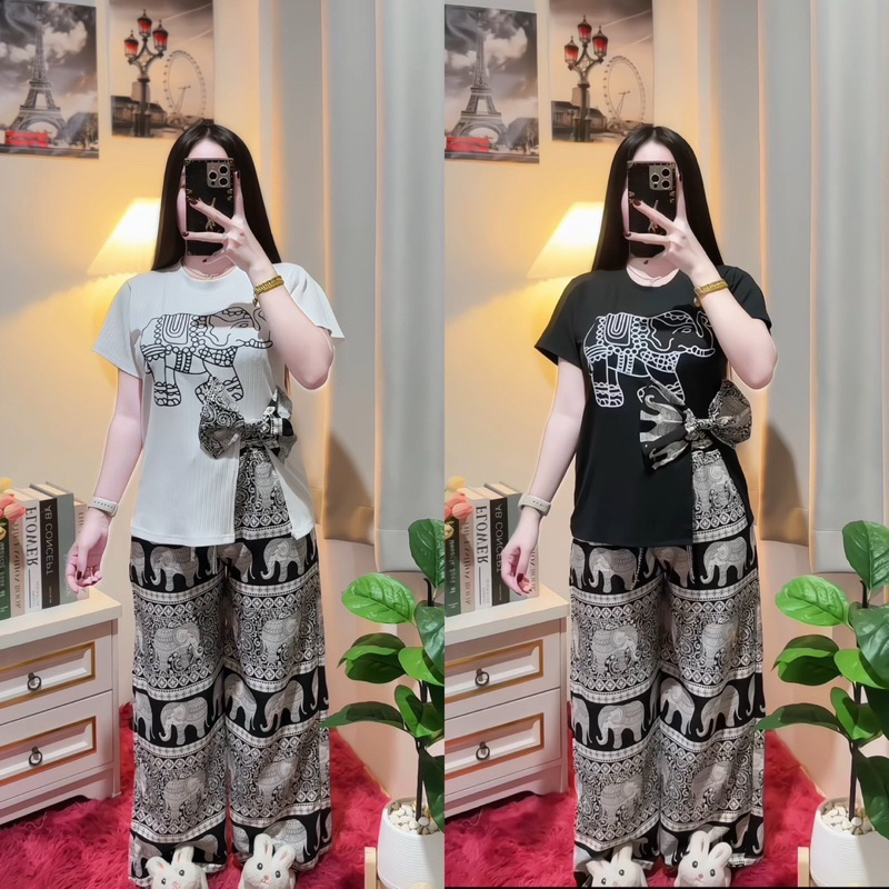 ชุดเซ็ต 2 ชิ้น ลายช้าง เสื้อ+กางเกง ฟรีไซร์ s m l xl ใส่ได้ สาวอวบใส่ได้จ้า เสื้อผ้าร่อง กางเกงไหมอิตาลี่