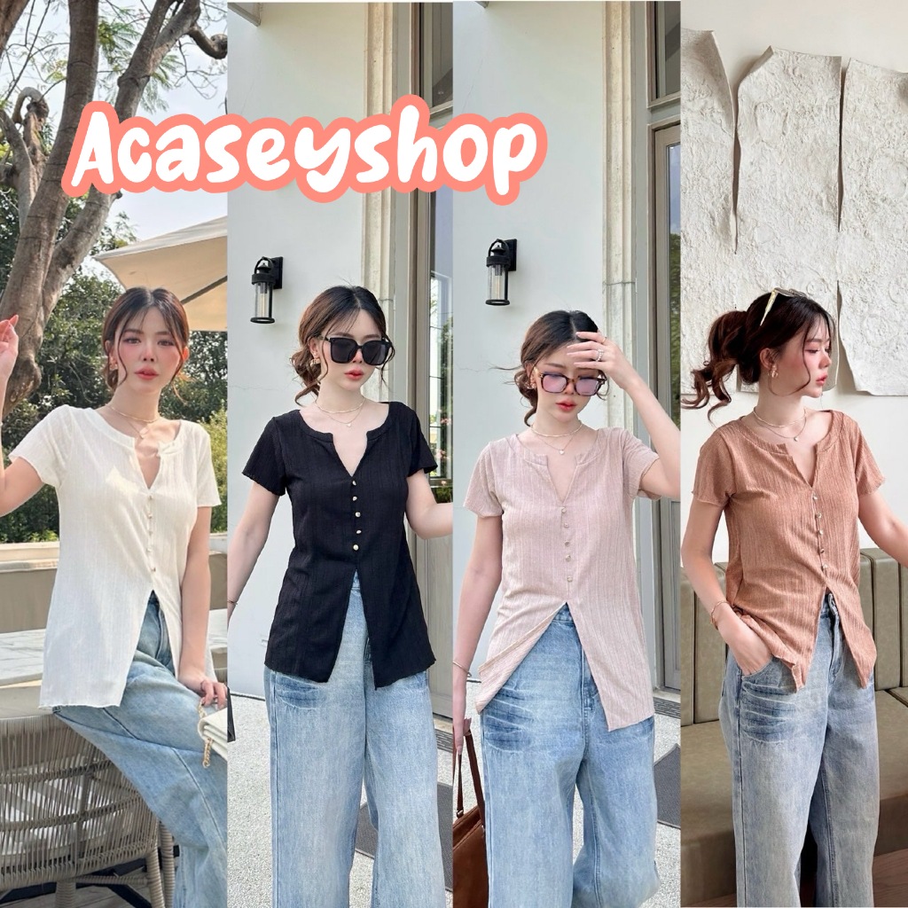 Acasey เสื้อแขนสั้นผู้หญิง คอวี บนล่าง ผ้าบางใส่สบาย V top อก 36-40+นิ้ว
