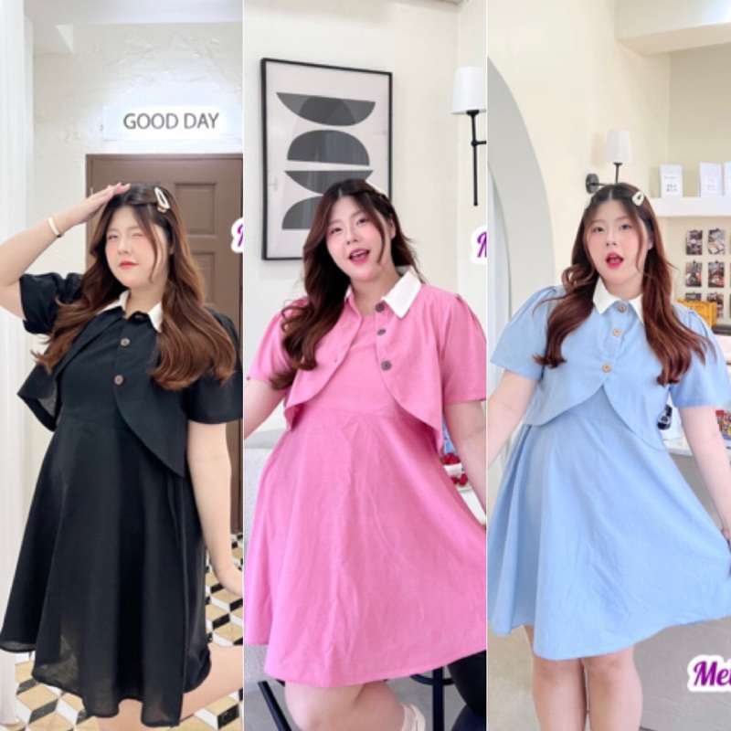 MT เดรสสายเดียว+เสื้อคลุมแต่งปกเชิ้ต เดรสสายเดียวปรับความยาวสายได้ ผ้าฝ้ายลินิน ไซส์ใหญ่ สาวอวบ