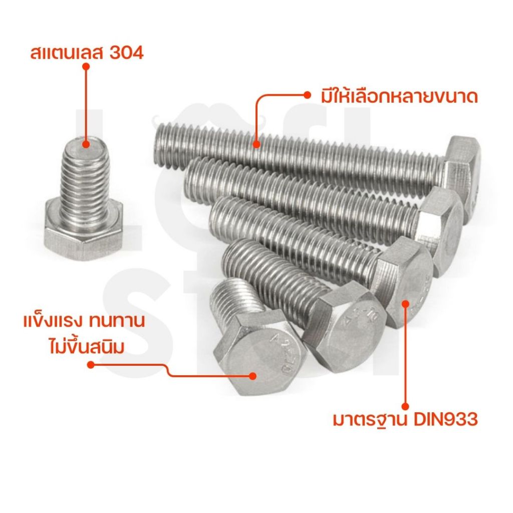 [พร้อมส่ง] น็อตหัวหกเหลี่ยม สแตนเลส 304 M6 M8 M10 M12 น็อตตัวผู้ เกลียวหยาบ DIN933 Hexagon Head Screw ไม่เป็นสนิม ราคา ถูกที่สุด ดีลบีเคเค แกลเลอรีภาพที่ 3