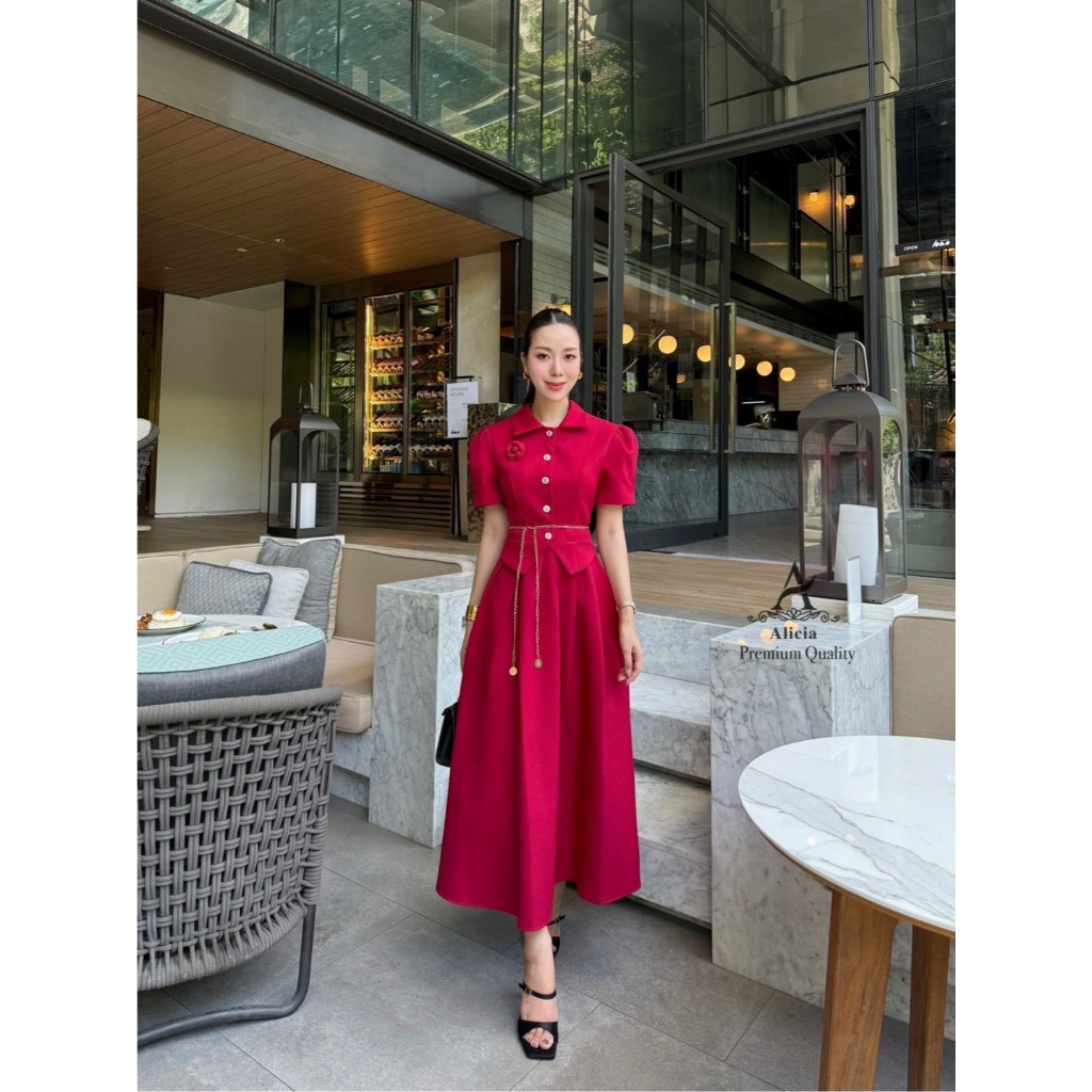 ABIGAIL BRAND ABG220 ชุดเซต เสื้อแขนสั้นคอปกกระดุมหน้า แมทช์ กระโปรงยาวทรงบาน