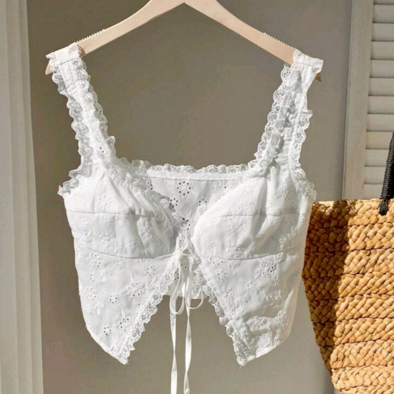 Crop TC2547 เสื้อกล้าม ลายฉลุ ผูกหน้า แต่งระบายลูกไม้