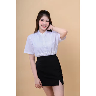 เสื้อนักศึกษา เสื้อเชิ้ตคอจีน เสือเชิ้ตแขนสั้น สีขาวนวล