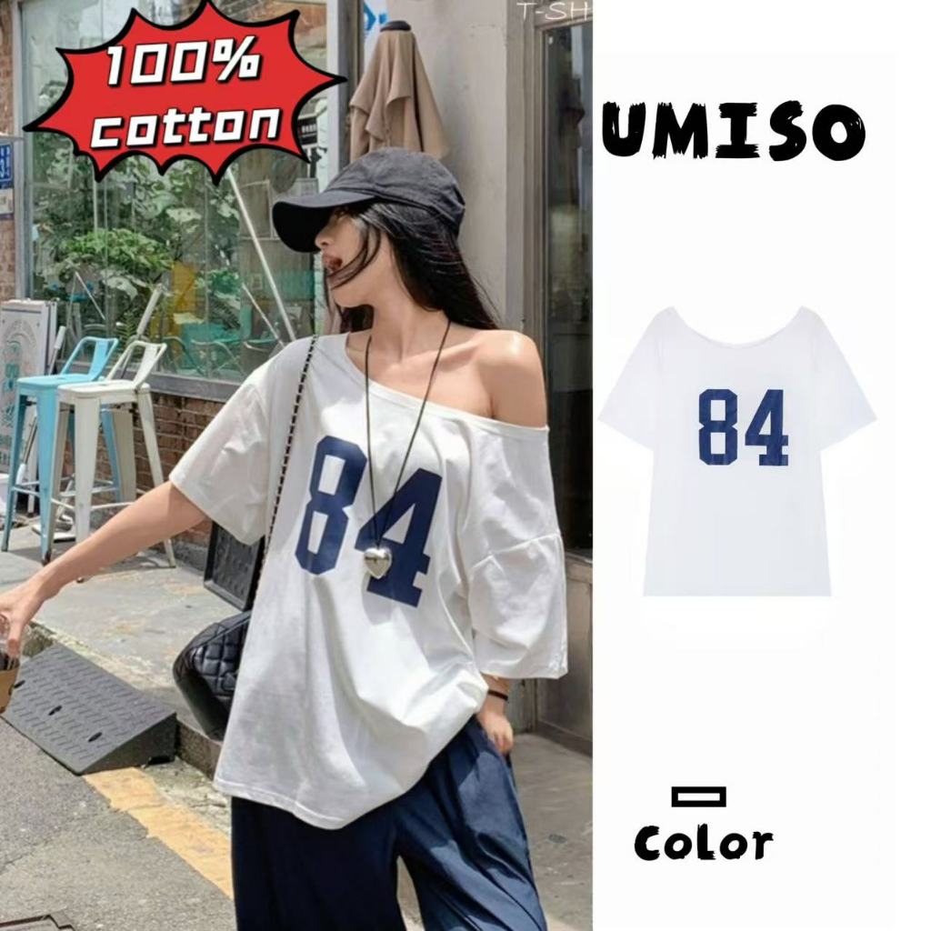 UMISO 100%cotton เสื้อยืดผู้หญิง  เสื้อยืดวินเทจ เสื้อปาดไหล่  เสือใส่สบาย  ทรงหลวม  แบบบาง