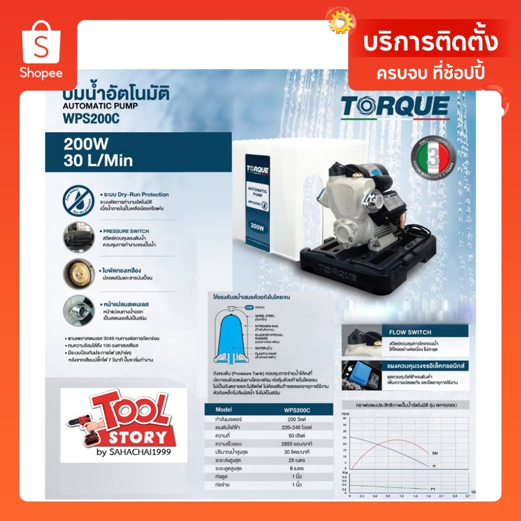 Torque ปั้มน้ำ อัตโนมัติ WPS200C ขนาด 200 วัตต์ มีฝาครอบปั้มให้