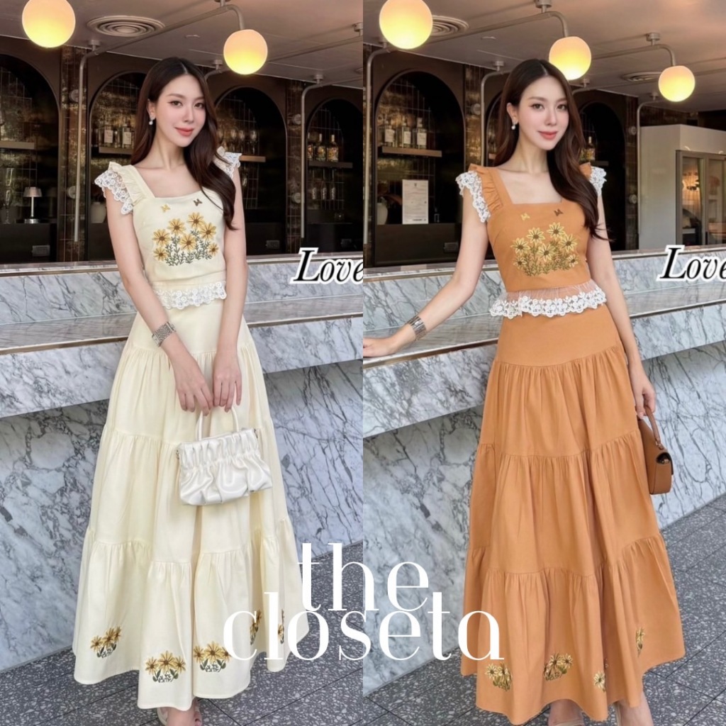 THE CLOSETA : (พร้อมส่ง) LV239 ชุดเซ็ท2ชิ้นเสื้อครอปแขนระบายแต่งลูกไม้ปักดอกไม้ กระโปรงยาวปักดอก