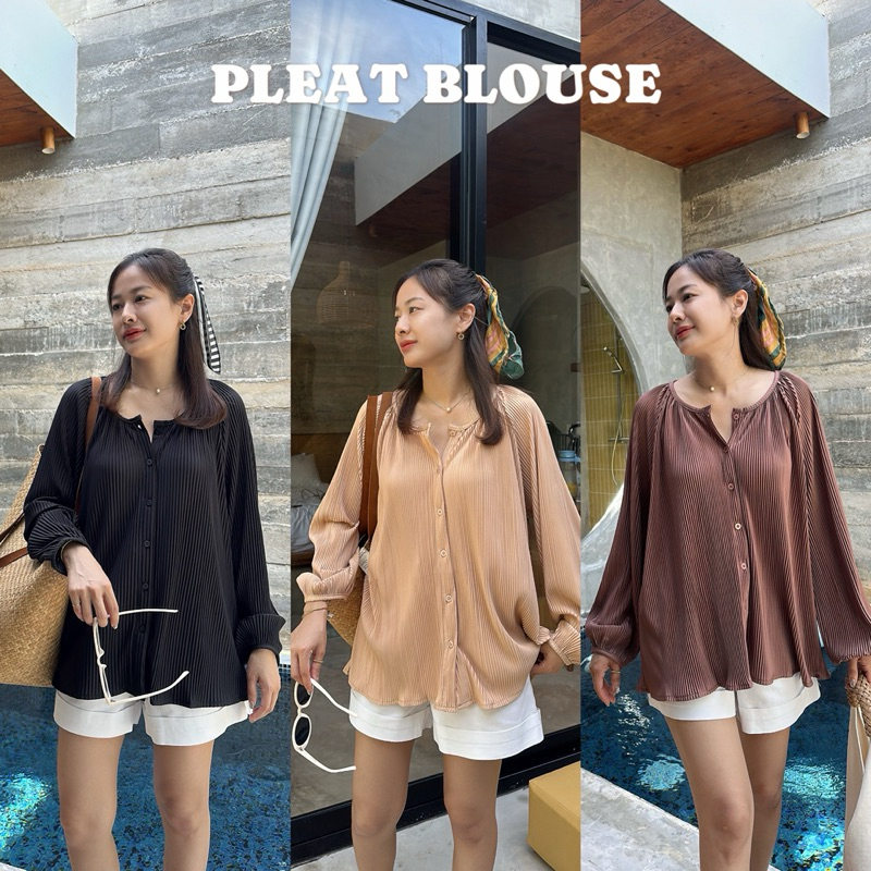 🍵𝐏𝐋𝐄𝐀𝐓 𝐁𝐋𝐎𝐔𝐒𝐄 เสื้อพลีทแขนยาว กระดุมหน้าใช้งานได้จริง ไม่ต้องรีด