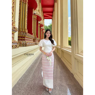 📌📌พร้อมส่ง ครบไซส์ XS S M L XL 🏷️CHERISH เซ็ท 3 ชิ้ิ้น(📍มีเข็มขัดมุก) ชุดงานบุญ ชุดไทย ผ้าไทย ทำบุญ ตักบาตร เรียบร้อย