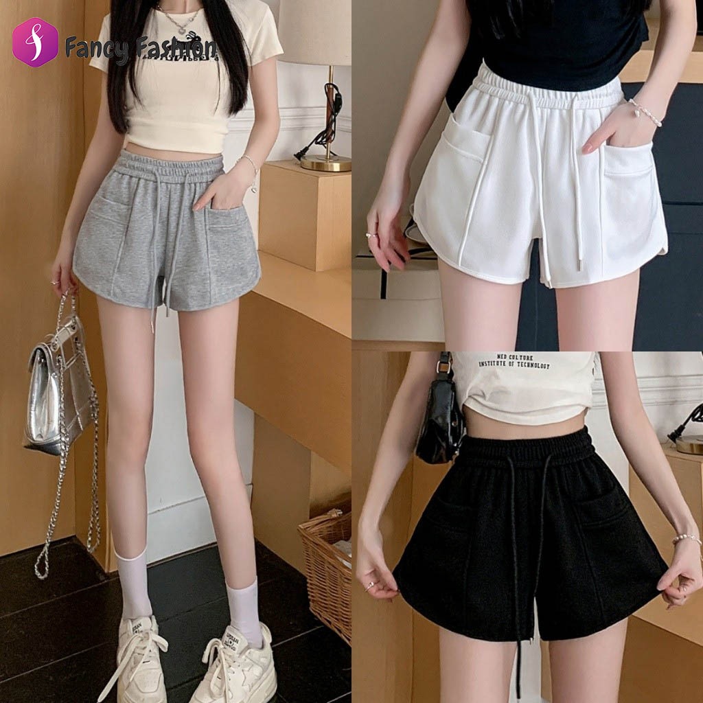 Fancy Fashion กางเกงลำลองใส่สบาย กางเกงขาสั้นลําลองสีขาวเวอร์ชั่นเกาหลีเอวยางยืดมีเชือกผูก