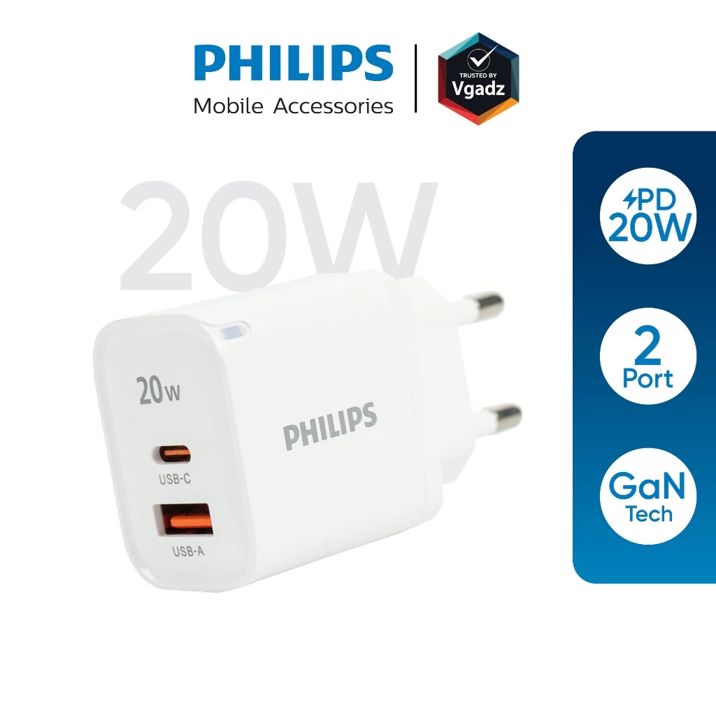 Philips หัวชาร์จเร็ว PD20W เทคโนโลยีล่าสุด GAN อะแดปเตอร์ 2 / 1 พอร์ต