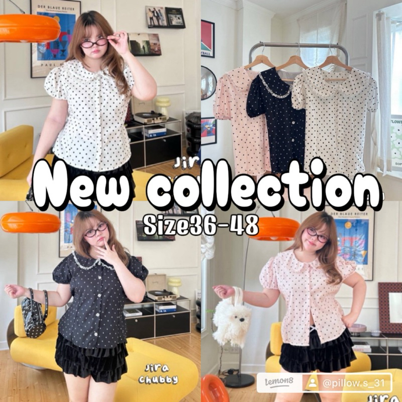 (Shopee video & live มีส่วนลด) พร้อมส่งครบสี✅เสื้อลายจุดสุดฮิต ตัวปกเป็นทรงคอบัวแต่งลูกไม้ ตัวเสื้อเป็นแบบผูกหลัง(36-48)