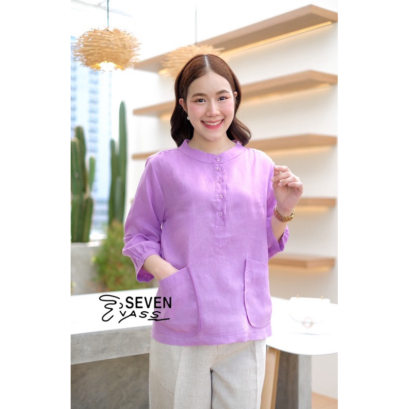 เสื้อลินินแท้100%คอจีน แต่งกระเป๋าคู่