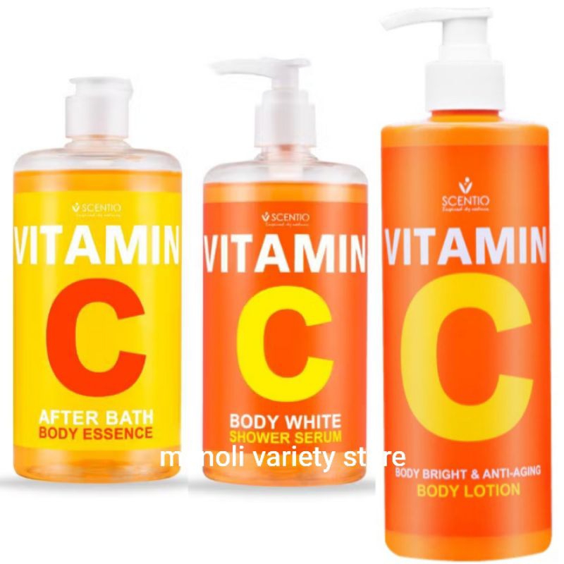 SCENTIO VITAMIN C  น้ำตบ สบู่ เจลอาบน้ำ โลชั่น Lotion By Beauty Buffet BODY WHITE SHOWER SERUM 450ML