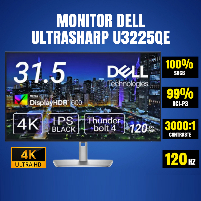 Dell UltraSharp U3225QE 32" 4K Thunderbolt4 Hub Monitor, 99% DCI-P3, Black IPS Panel, 120Hz Refresh 