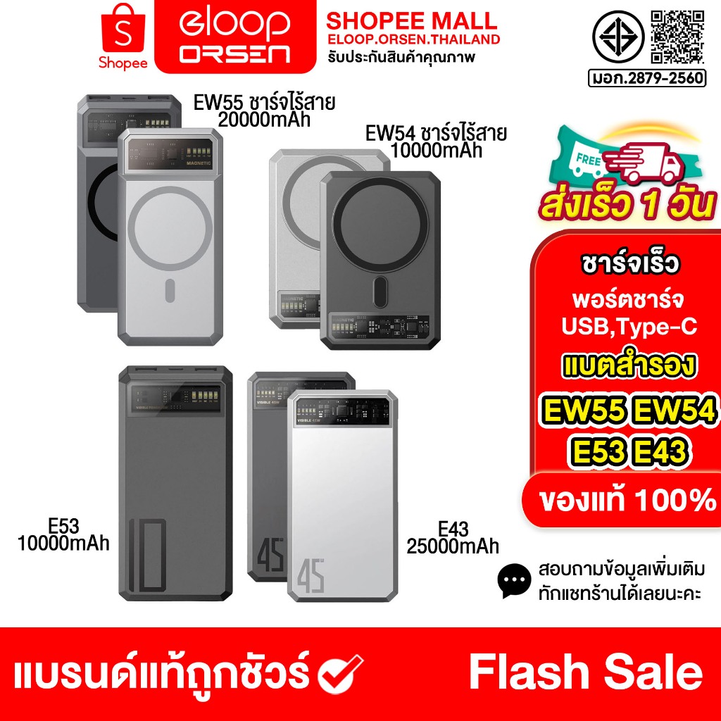 Eloop E53 10000mAh / EW54 10000mAh /EW55 20000mAh / E43 25000mah ชาร์จเร็ว ของแท้100%