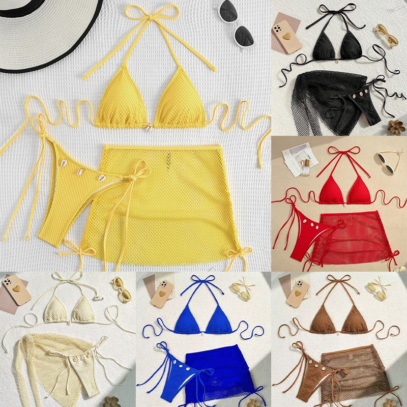 ชุดว่ายน้ำ bikini ชุดบิกินี่ 3 ชิ้น sexy ผูกคอ ตกแต่งด้วยเปลือกหอย ไปเที่ยวทะเล มีฟองน้ำ#0858