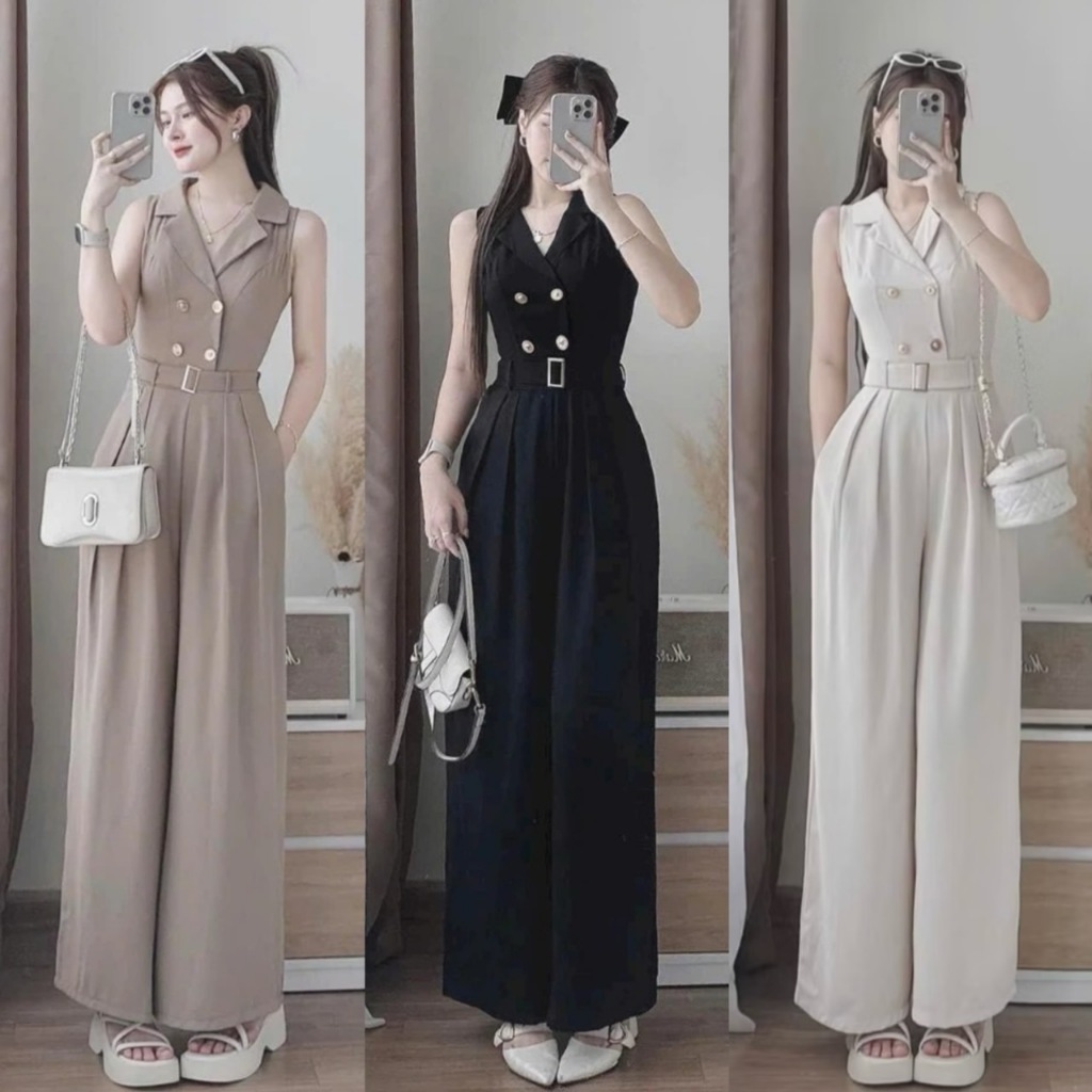 สินค้าพร้อมส่ง จั๊มสูทยาว ผ้าวูลเวฟ ดีไซน์หรูหรา แขนกุด แต่งกระดุมหน้าพร้อมสายเข็มขัด