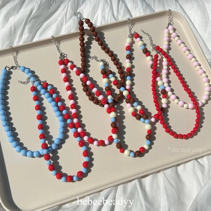 (พร้อมส่ง) สร้อยคอลูกปัดอะคลีริคเม็ดกลม 🍒🍹💙 | สร้อยลูกปัดเม็ดใหญ่ สีสันสดใส (อะไหล่สแตนเลส)