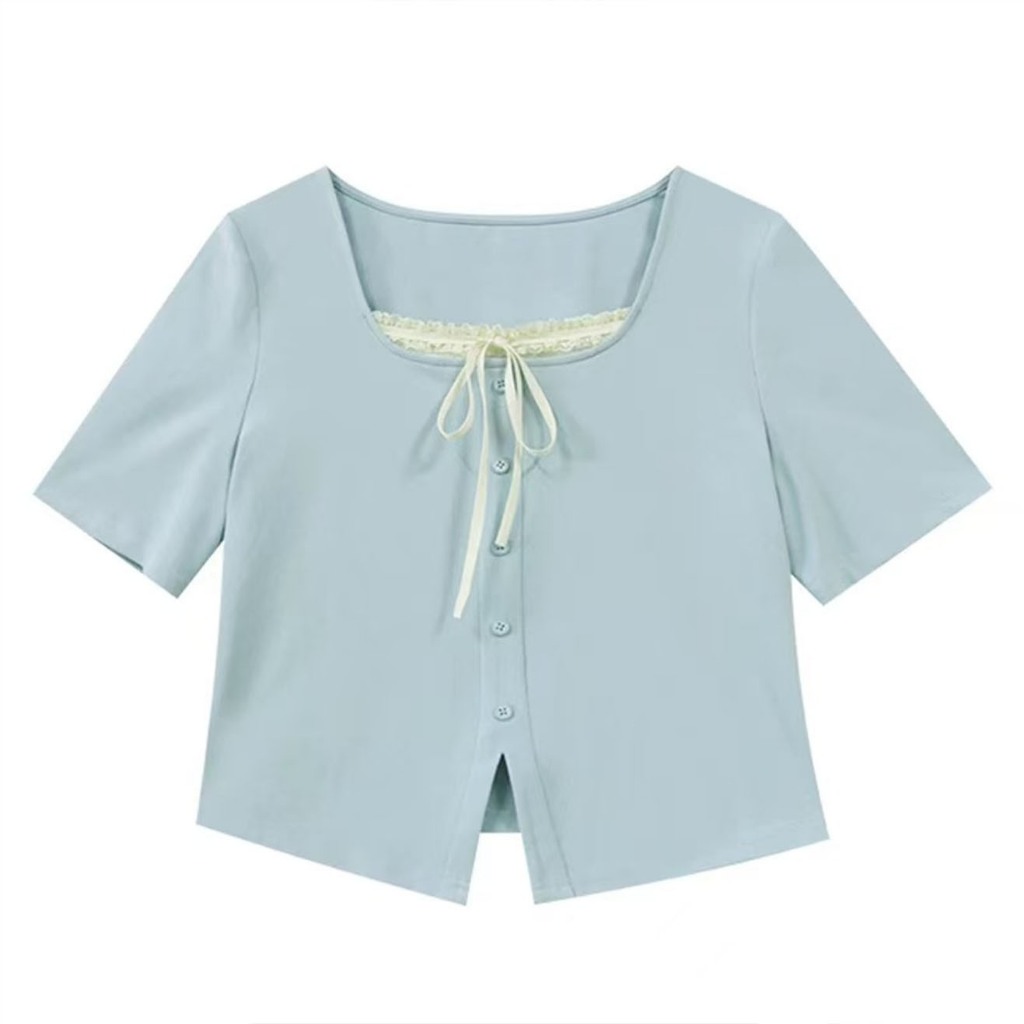 ขนาดใหญ่สี่เหลี่ยมลูกไม้ด้านหน้าไหล่เสื้อยืดแขนสั้นผู้หญิงฤดูร้อนไขมันเล็กน้อย mm บางด้านบนขนาดเล็ก - รูปที่ 5