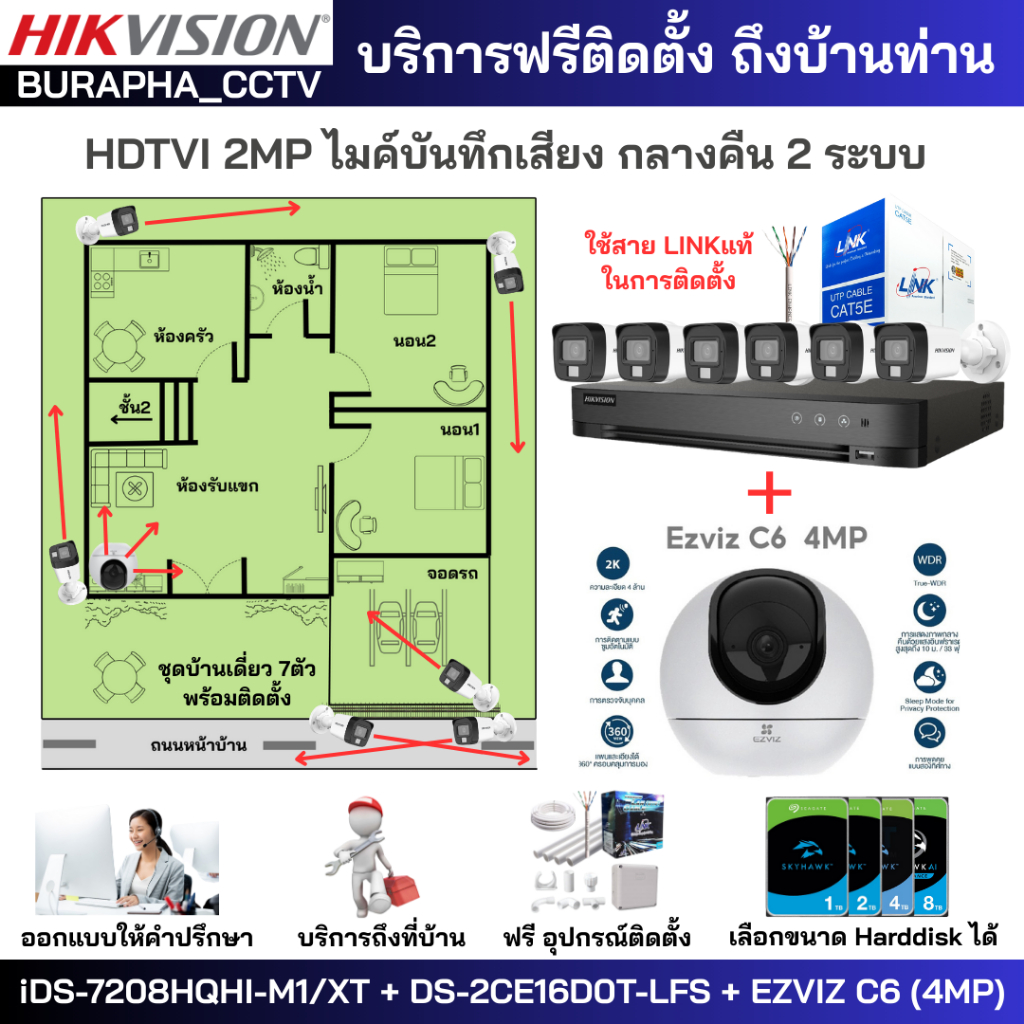 [ฟรีติดตั้ง] ชุด7ตัว HIKVISION 2MP บันทึกเสียง iDS-7208HQHI-M1/XT + DS-2CE16D0T-LFS + EZVIZ C6[4MP]