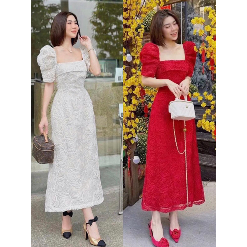 ‼️พร้อมส่ง🛵💨‼️(Xs-L)SWAN🎯TICHA🎯Dress : ชุดเดรสยาว สีแดงสดขับผิว สีขาว♥️ ผ้าลูกไม้3D ออกงาน ดินเนอร์ 