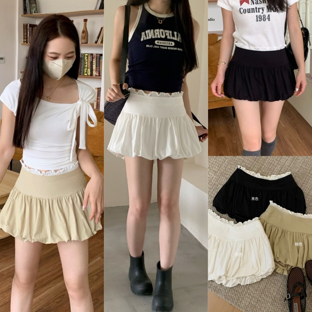 🧡🧵 🇰🇷 W5236 กระโปรงสั้น ทรงบอลลูน ช่วงเอวแต่งขอบสม็อค ด้านในมีซับในอย่างดีค่า ผ้แฟชั่นเกาหลี TAG WG.WE 🧵🧡