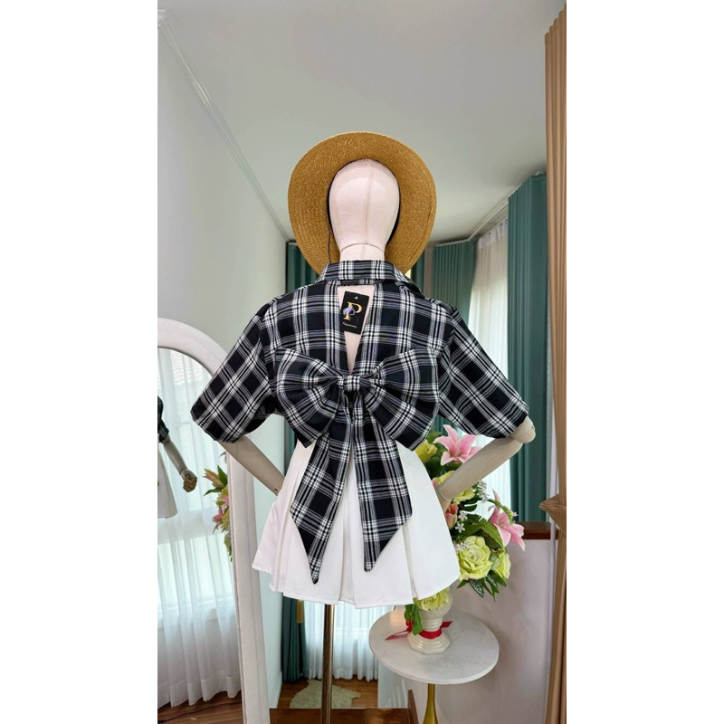 เสื้อเชิ้ตโบว์หลัง 🎀 (ลายสก็อต) กระดุมหน้า ** ผ้า Cotton ทอ ✨